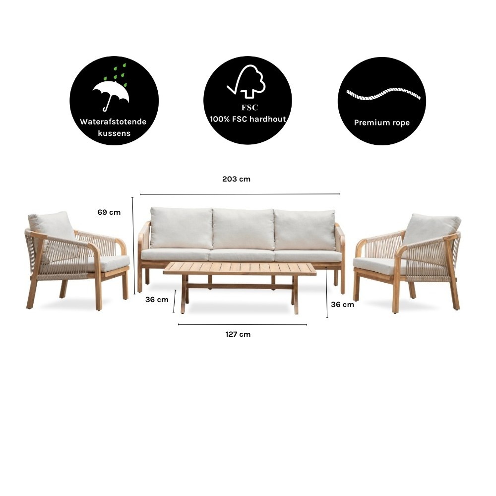 Bergamo stoel-bank loungeset 5 personen incl. tafel 127cm | touw + hardhout | zand | 5-delig
