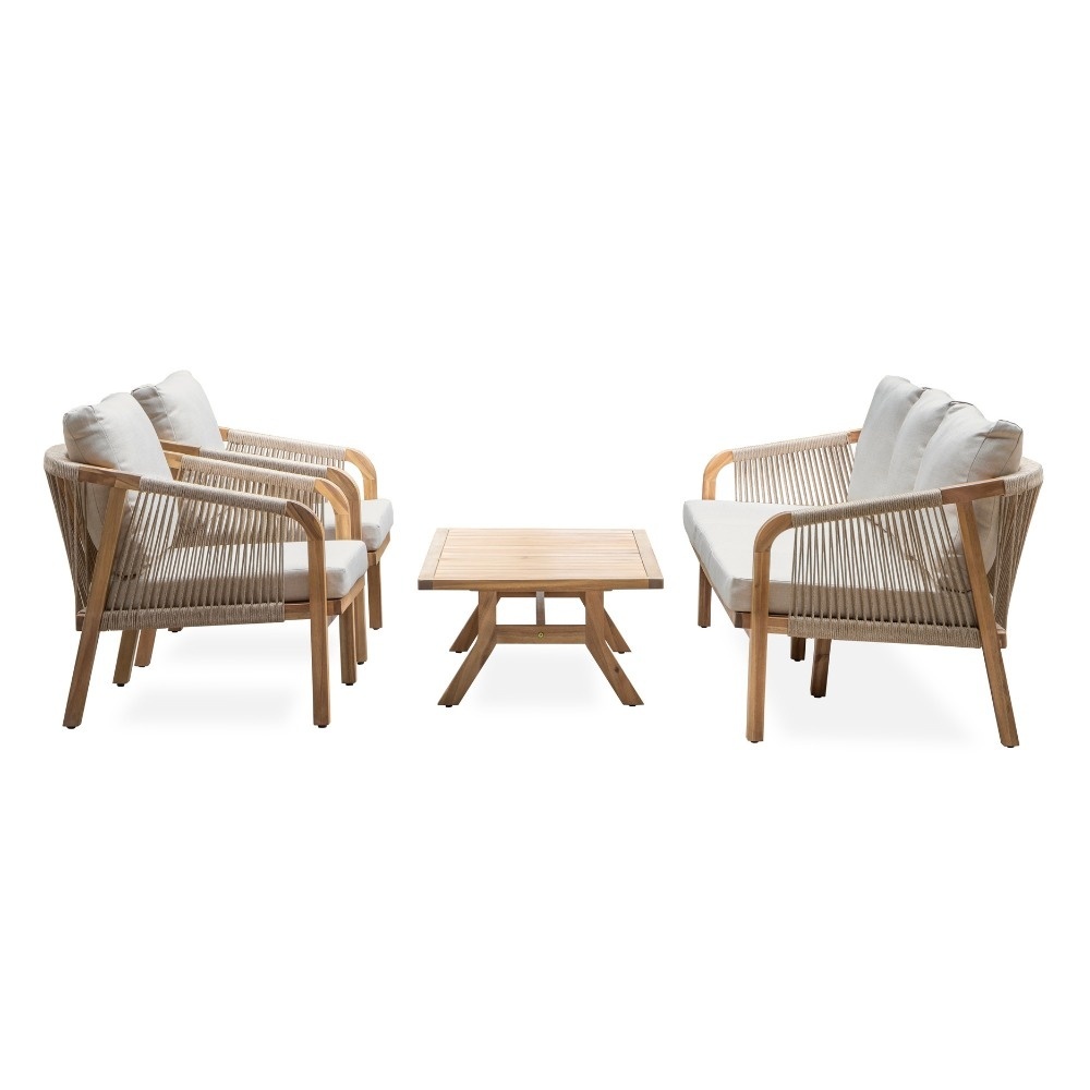 Bergamo stoel-bank loungeset 5 personen incl. tafel 127cm | touw + hardhout | zand | 5-delig