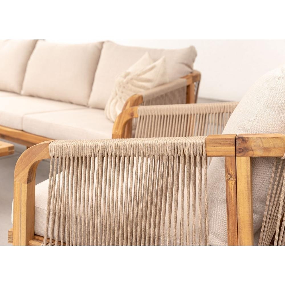 Bergamo stoel-bank loungeset 5 personen incl. tafel 127cm | touw + hardhout | zand | 5-delig