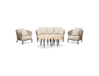 Palermo stoel-bank loungeset met teakhouten tafel 5 personen | aluminium + touw | olijfgroen | 5-delig