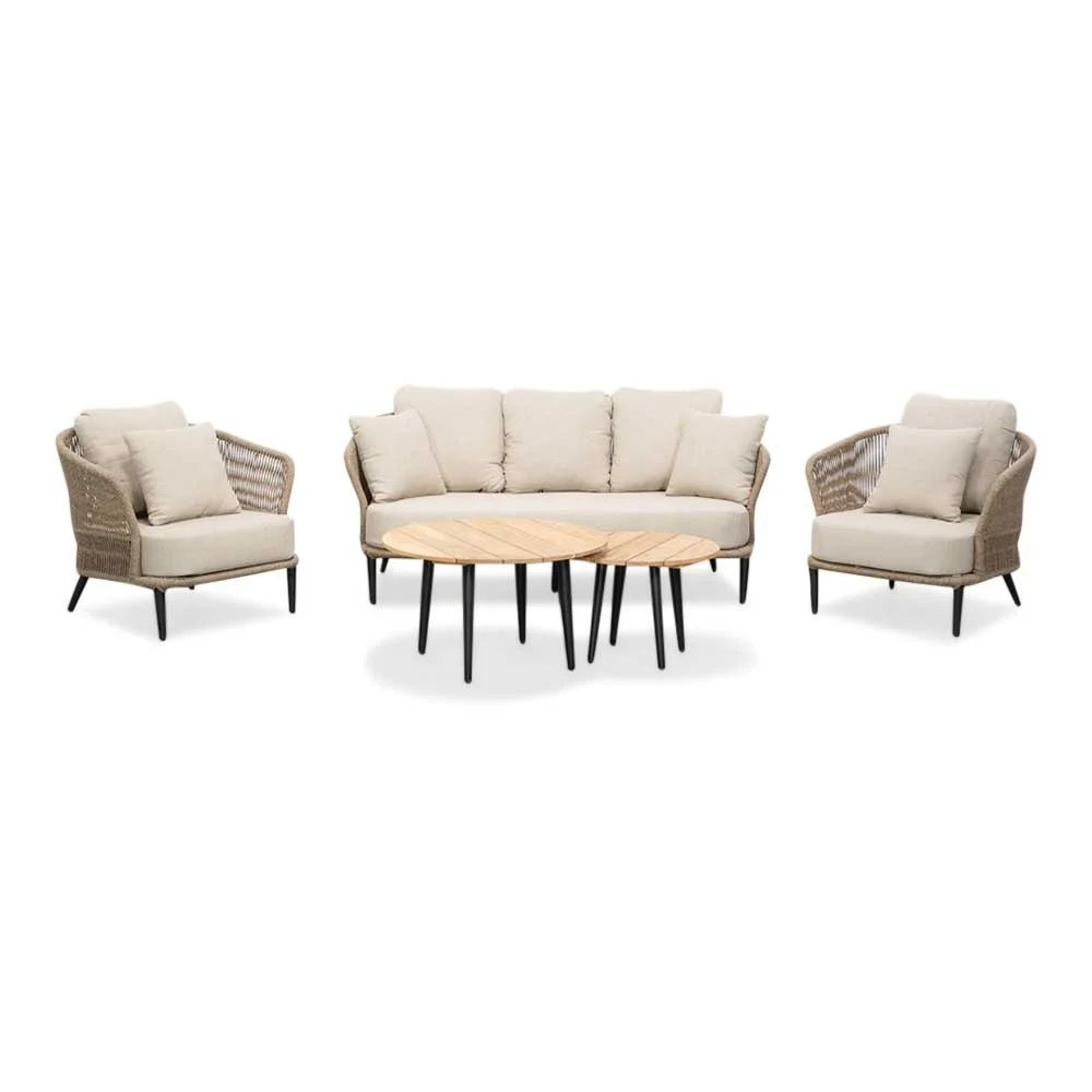 Palermo stoel-bank loungeset met teakhouten tafel 5 personen | aluminium + touw | olijfgroen | 5-delig