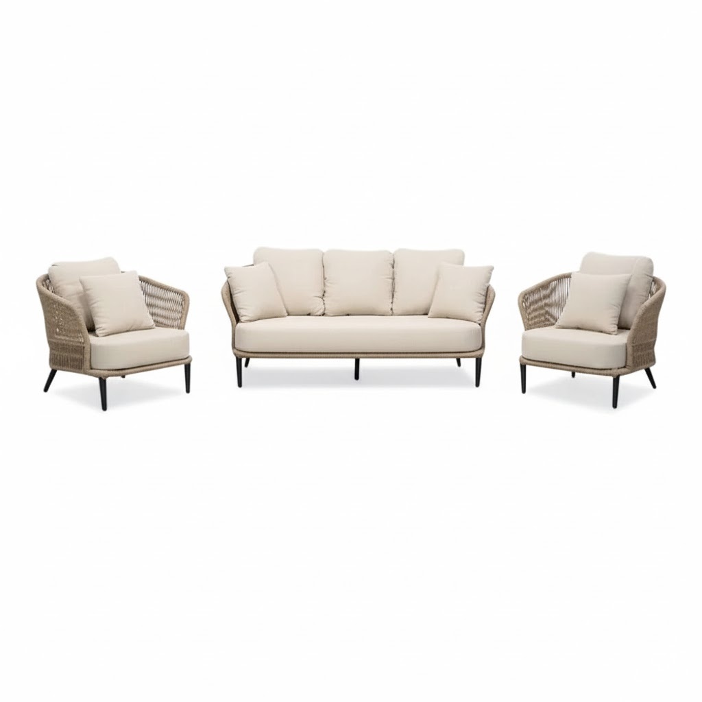 BUITEN living Palermo stoel-bank loungeset 5 personen | aluminium + touw | Sahara Dust | 3-delig – Taupe – Naturel – Bruin