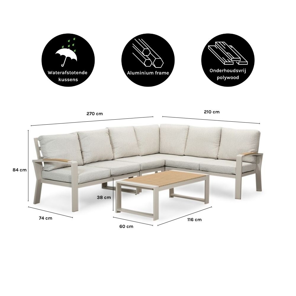 Seattle hoek loungeset 6 personen incl. tafel | aluminium + polywood | beige | 6-delig - 270x210cm