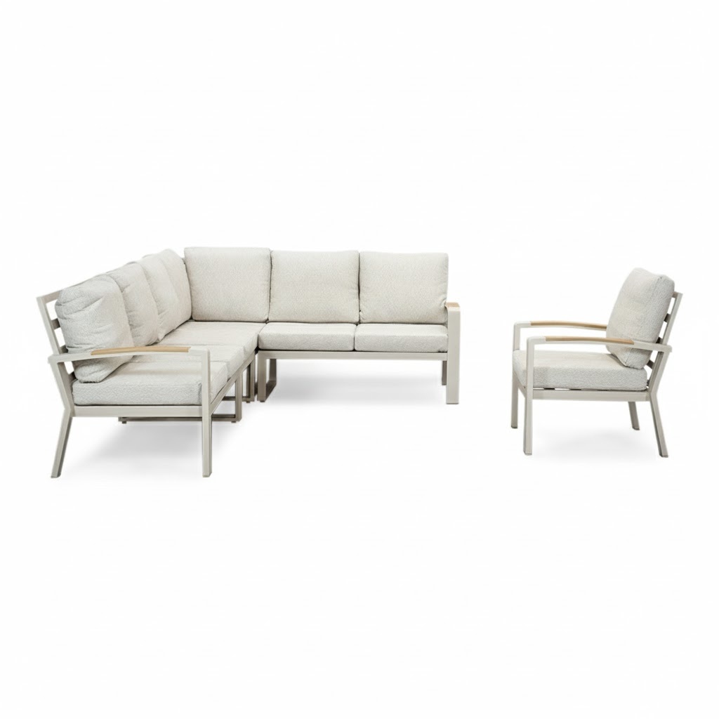 Seattle hoek loungeset met stoel 7 personen | aluminium + polywood | beige | 4-delig - 270x210cm