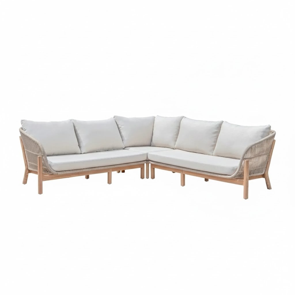 BUITEN living Braga hoek loungeset 5 personen | touw + hardhout | zand | 4-delig 235x235cm – Natural Teak