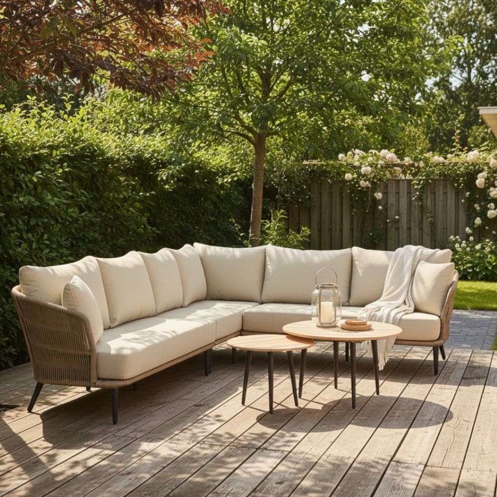 Palermo hoek loungeset met tussenmodule &amp; teak tafels 6 personen | aluminium + touw | Sahara Dust | 7-delig - 230x294cm