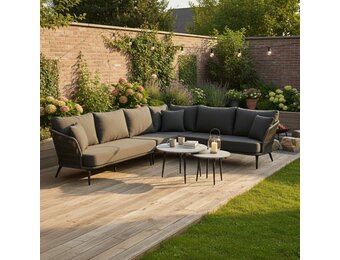 Palermo hoek loungeset met tussenmodule & betonlook  tafels 6 personen | aluminium + touw | Lava Grey