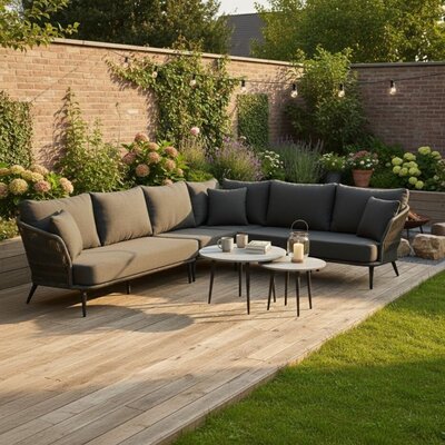 Palermo hoek loungeset met tussenmodule & betonlook  tafels 6 personen | aluminium + touw | Lava Grey