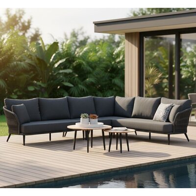 Palermo hoek loungeset met tussenmodule & teak tafels 6 personen | aluminium + touw | Lava Grey