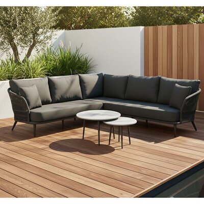 Palermo hoek loungeset met betonlook tafels 5 personen | aluminium + touw | Lava Grey | 6-delig