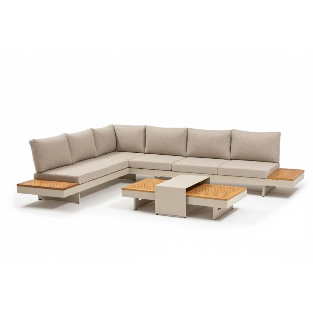 Barbados hoek loungeset beige 6 personen | aluminium + teakhout | Natural Teak | 5-delig - 323x245cm
