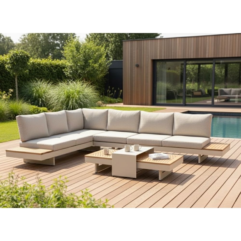 Barbados hoek loungeset beige 6 personen | aluminium + teakhout | Natural Teak | 5-delig - 323x245cm