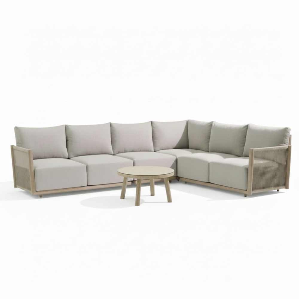 Beau hoek loungeset 6 personen incl. tafel 70cm rond | aluminium + touw | grijs | 5-delig - 304x234cm