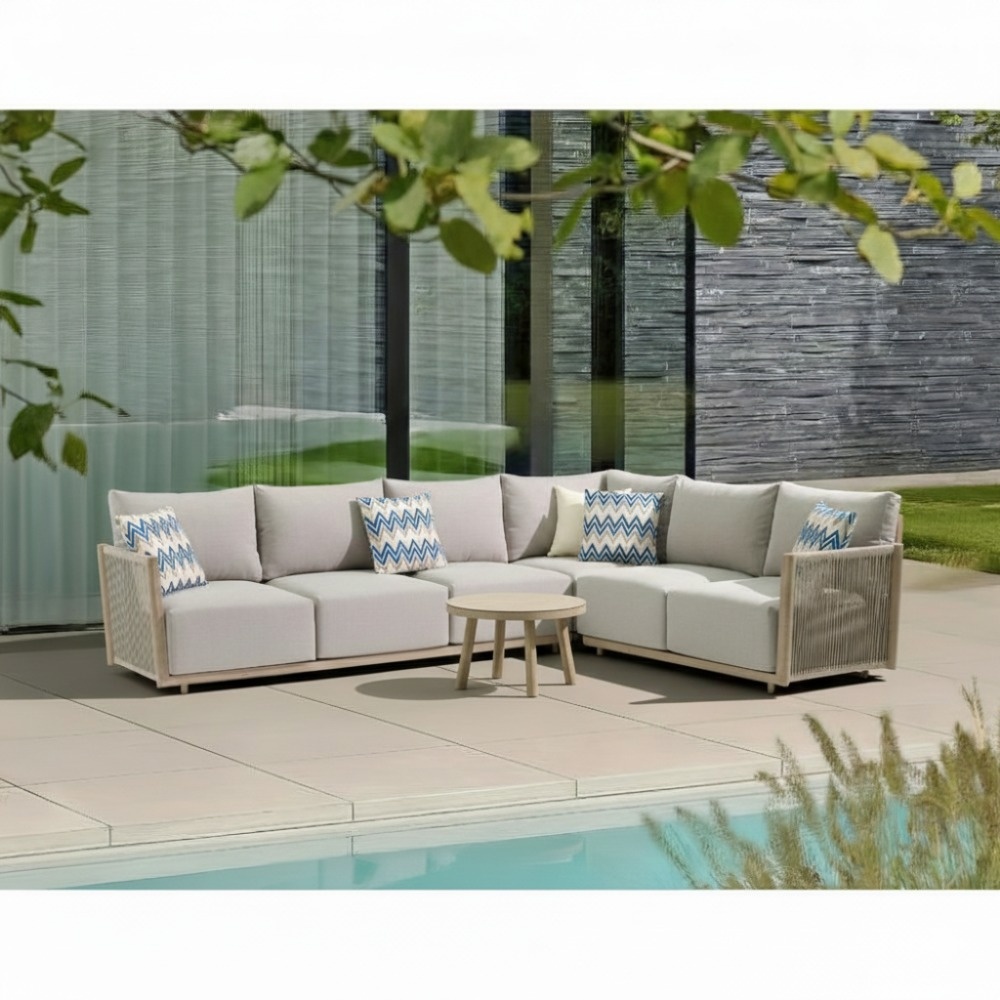 Beau hoek loungeset 6 personen incl. tafel 70cm rond | aluminium + touw | grijs | 5-delig - 304x234cm