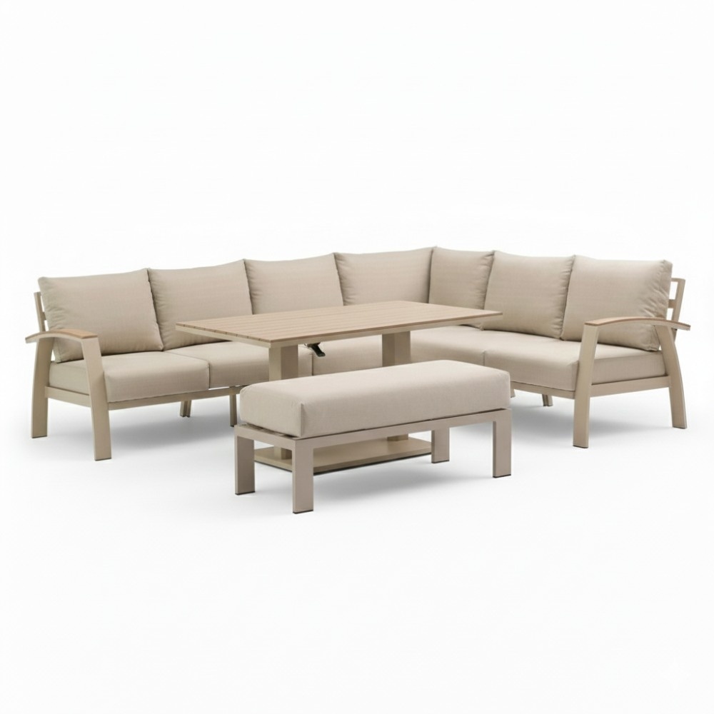 Bordeaux dining loungeset incl. bank 8 personen | aluminium + polywood | beige | 5-delig - 290x225cm