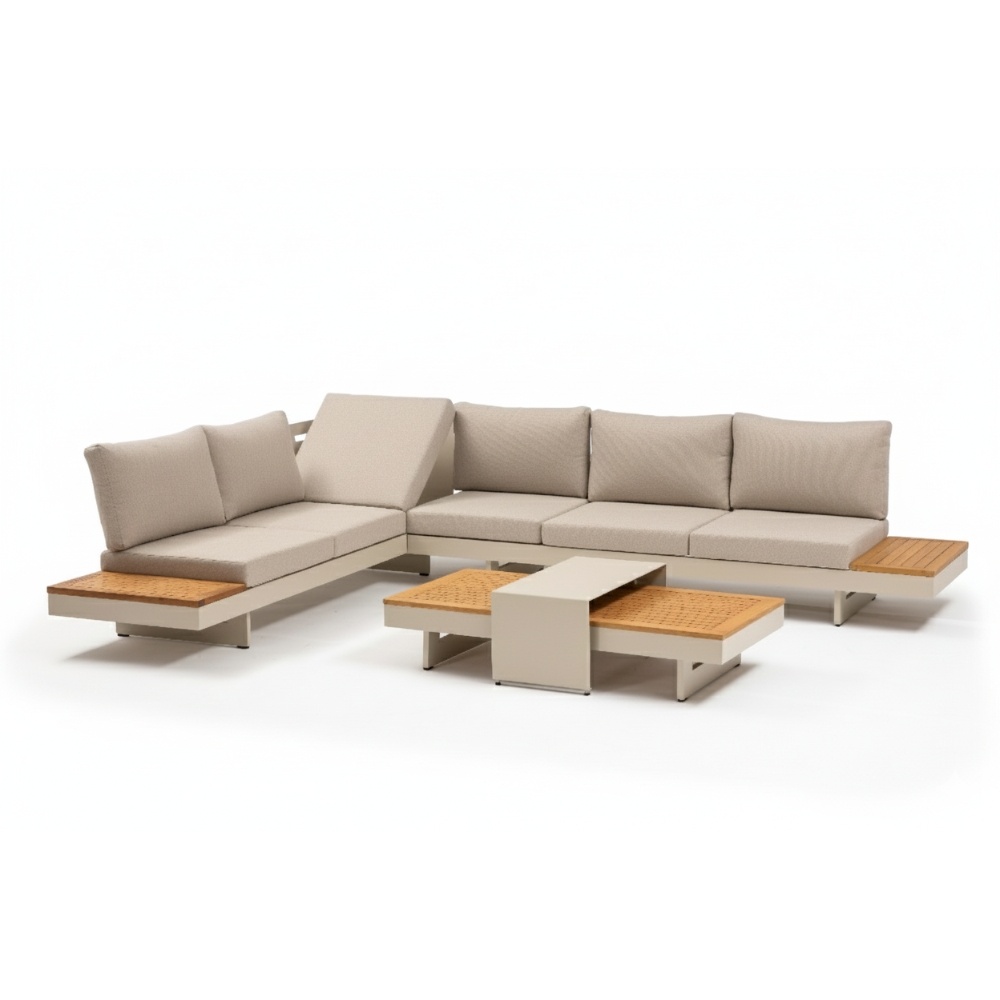 Barbados hoek loungeset beige 6 personen | aluminium + teakhout | Natural Teak | 5-delig - 323x245cm
