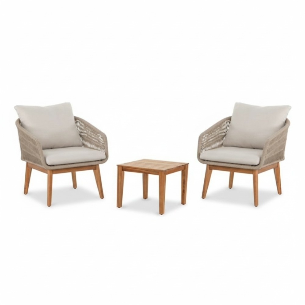 Bella lounge balkonset 2 personen | touw + hardhout | zand | 3-delig