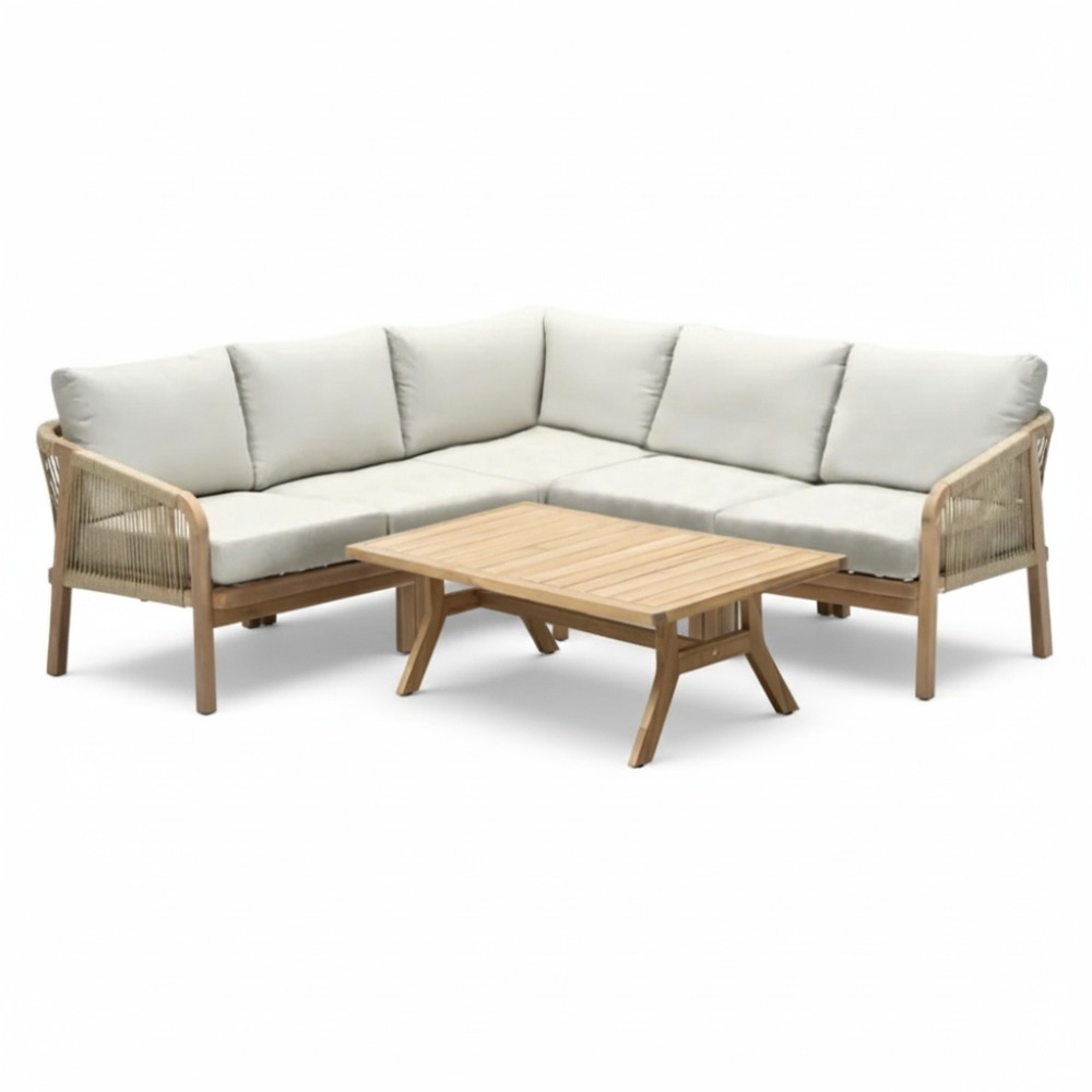 Bergamo hoek loungeset 6 personen | touw + hardhout | zand | 4-delig - 234x230cm