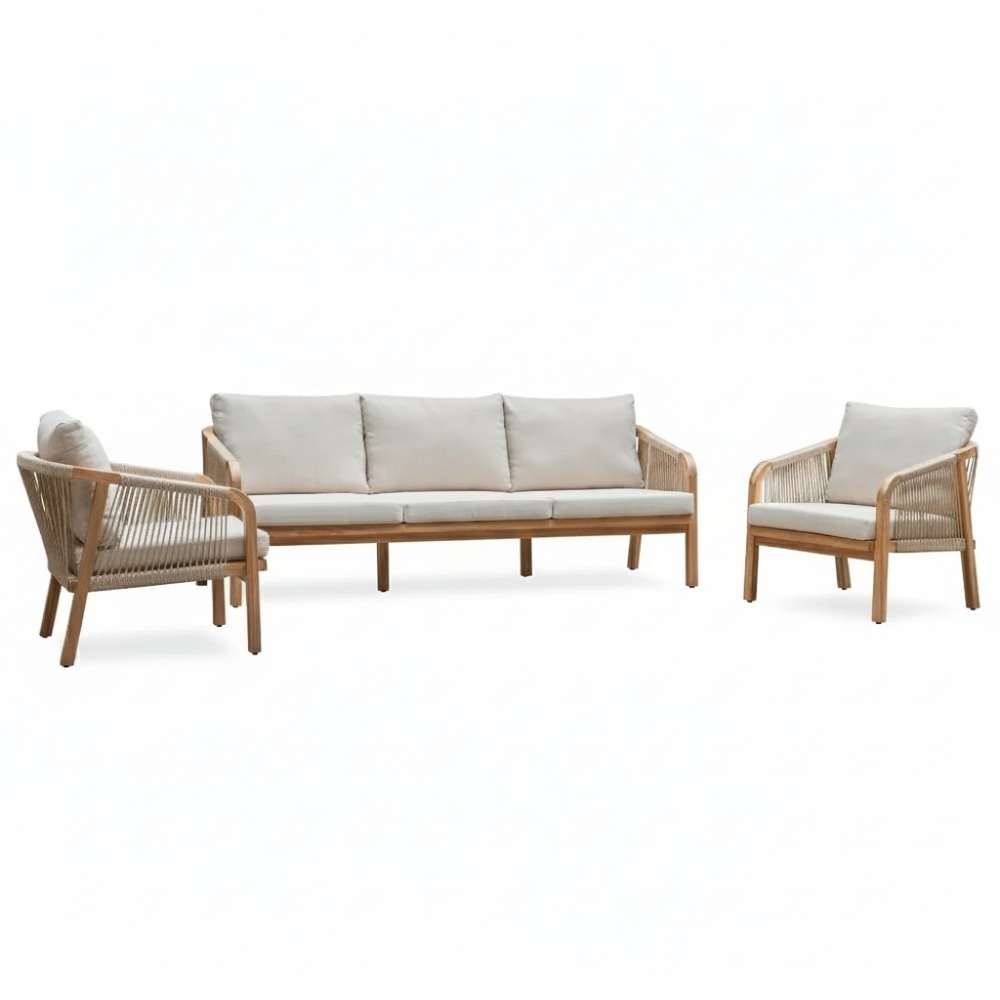 BUITEN living Bergamo stoel-bank loungeset 5 personen | touw + hardhout | zand | 3-delig – Taupe – Naturel – Bruin
