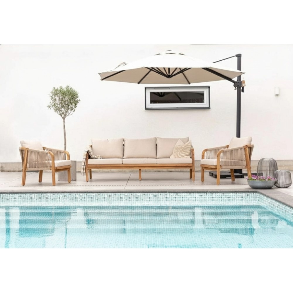 Bergamo stoel-bank loungeset 5 personen | touw + hardhout | zand | 4-delig