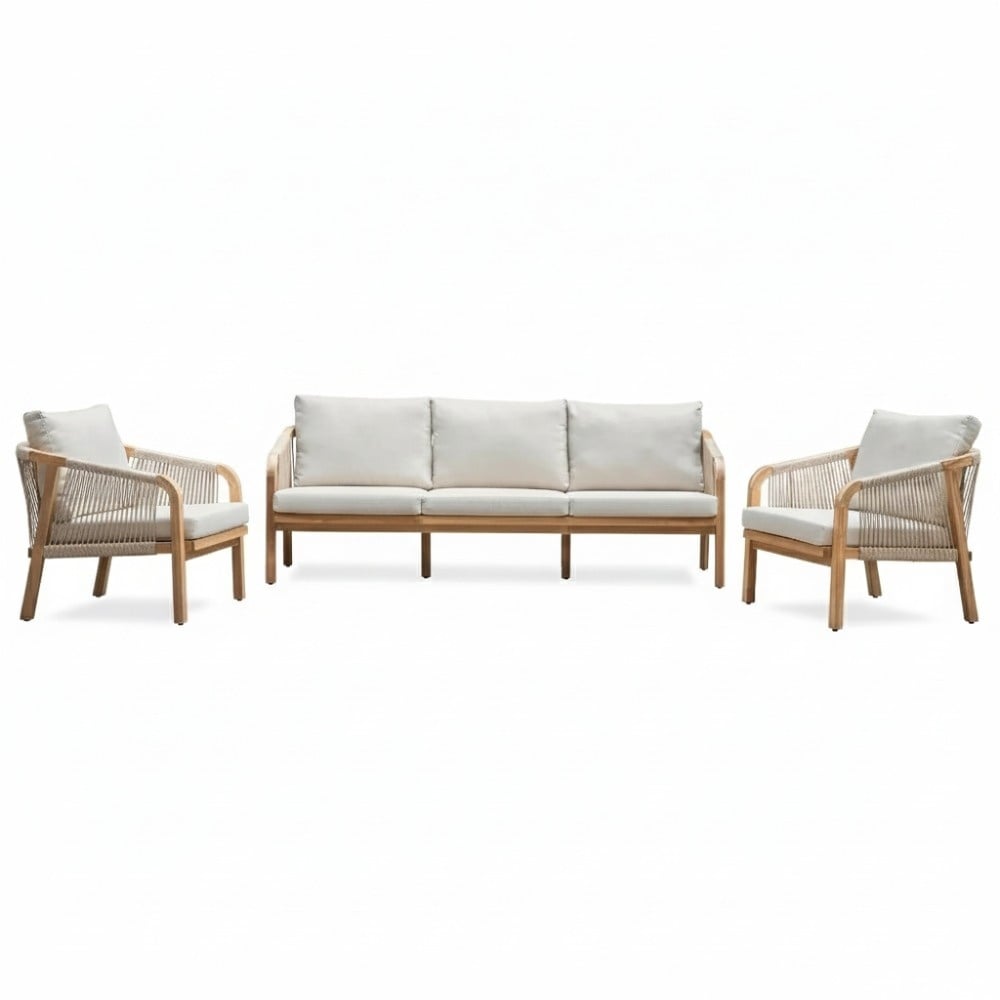 Bergamo stoel-bank loungeset 5 personen | touw + hardhout | zand | 4-delig