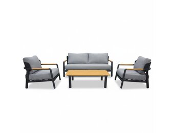 Marbella stoel-bank loungeset 4 personen | aluminium + teak | antraciet | 4-delig