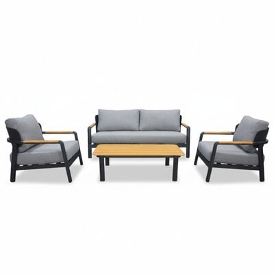 Marbella stoel-bank loungeset 4 personen | aluminium + teak | antraciet | 4-delig