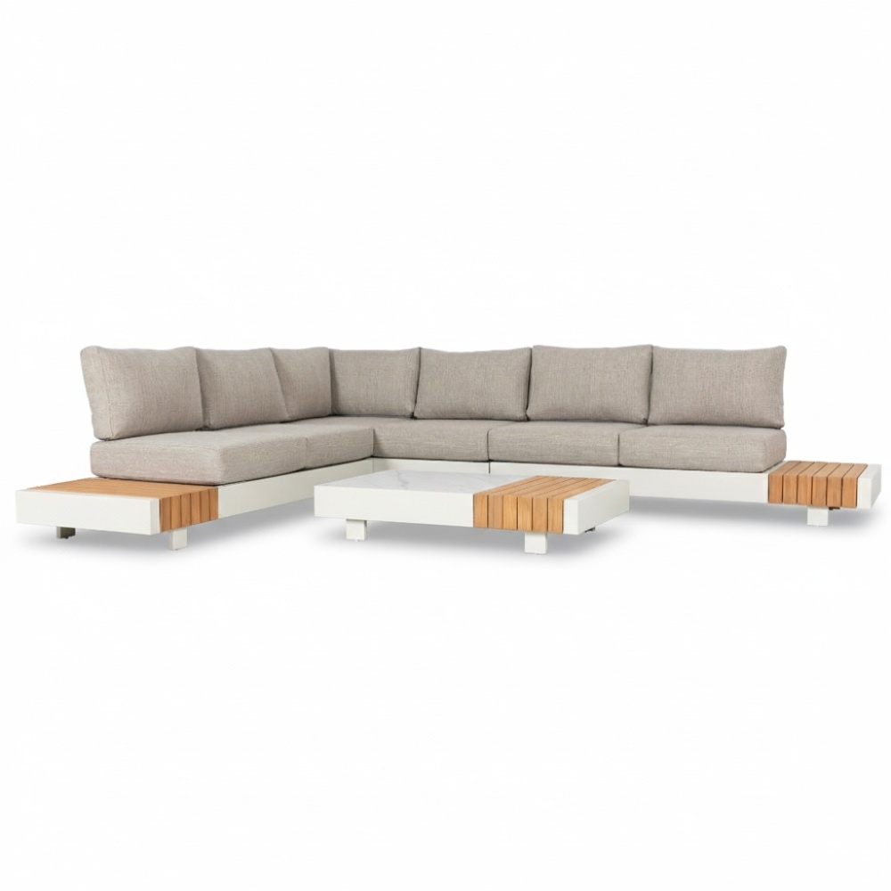 Verona hoek loungeset met all weather kussens 6 personen | aluminium + teakhout | beige | 4-delig - 339x269cm