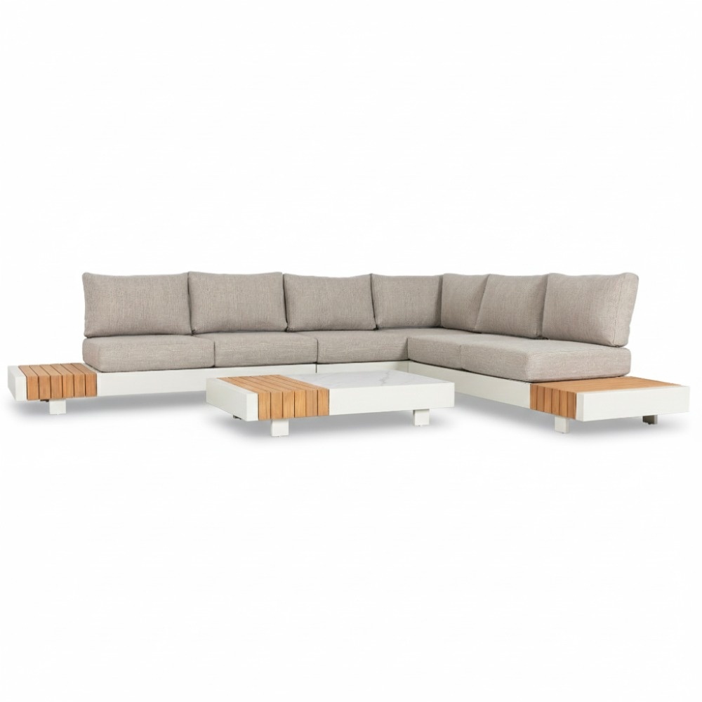 Verona hoek loungeset met all weather kussens 6 personen | aluminium + teakhout | beige | 4-delig - 339x269cm