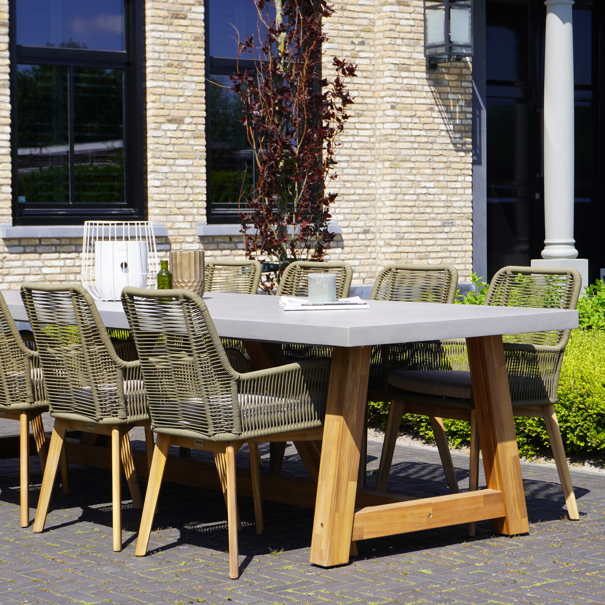 Padua dining tuinstoel | touw + hardhout | olijfgroen