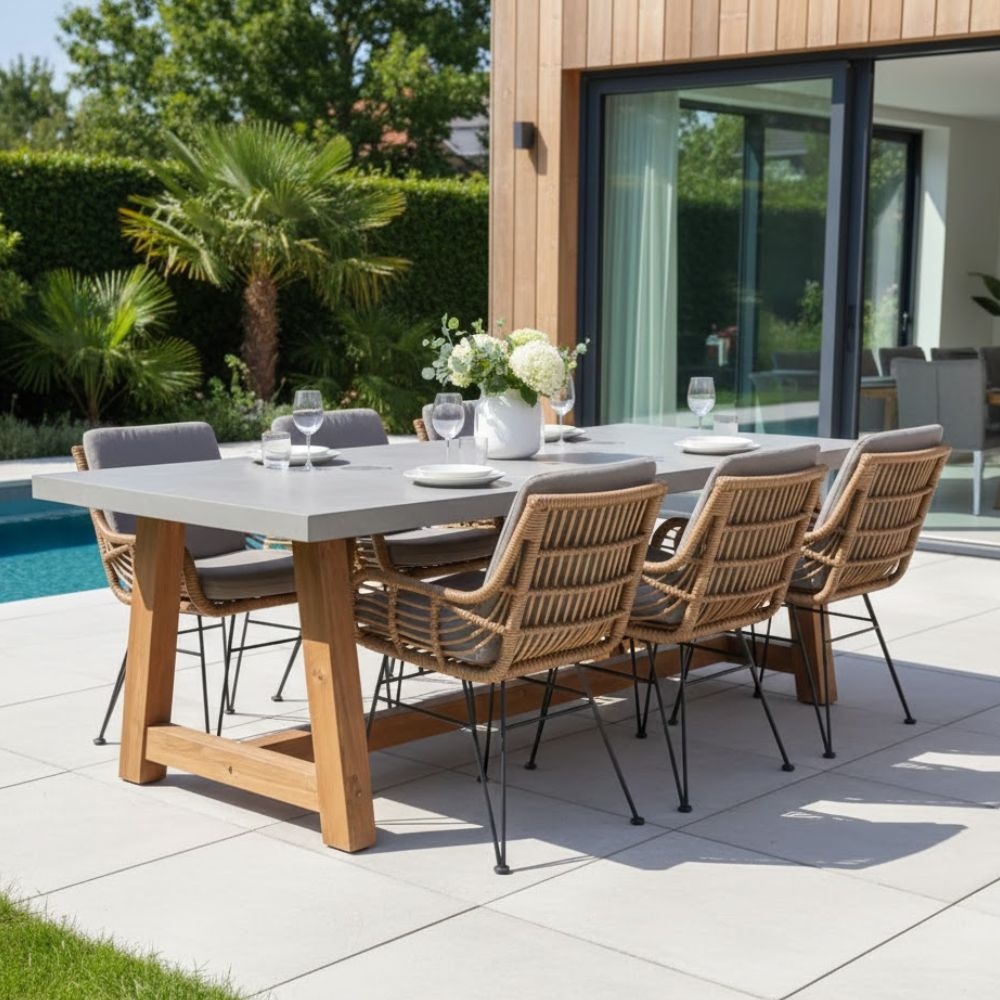 Veltis/Carlos taupe dining tuinset | 6 personen | betonlook + hardhout | 250cm
