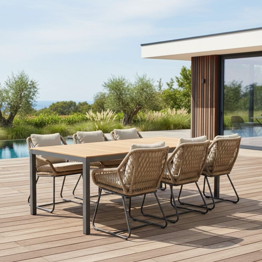 Delta/Portofino Sahara Dust dining tuinset | 6 personen | teakhout + touw | 220cm