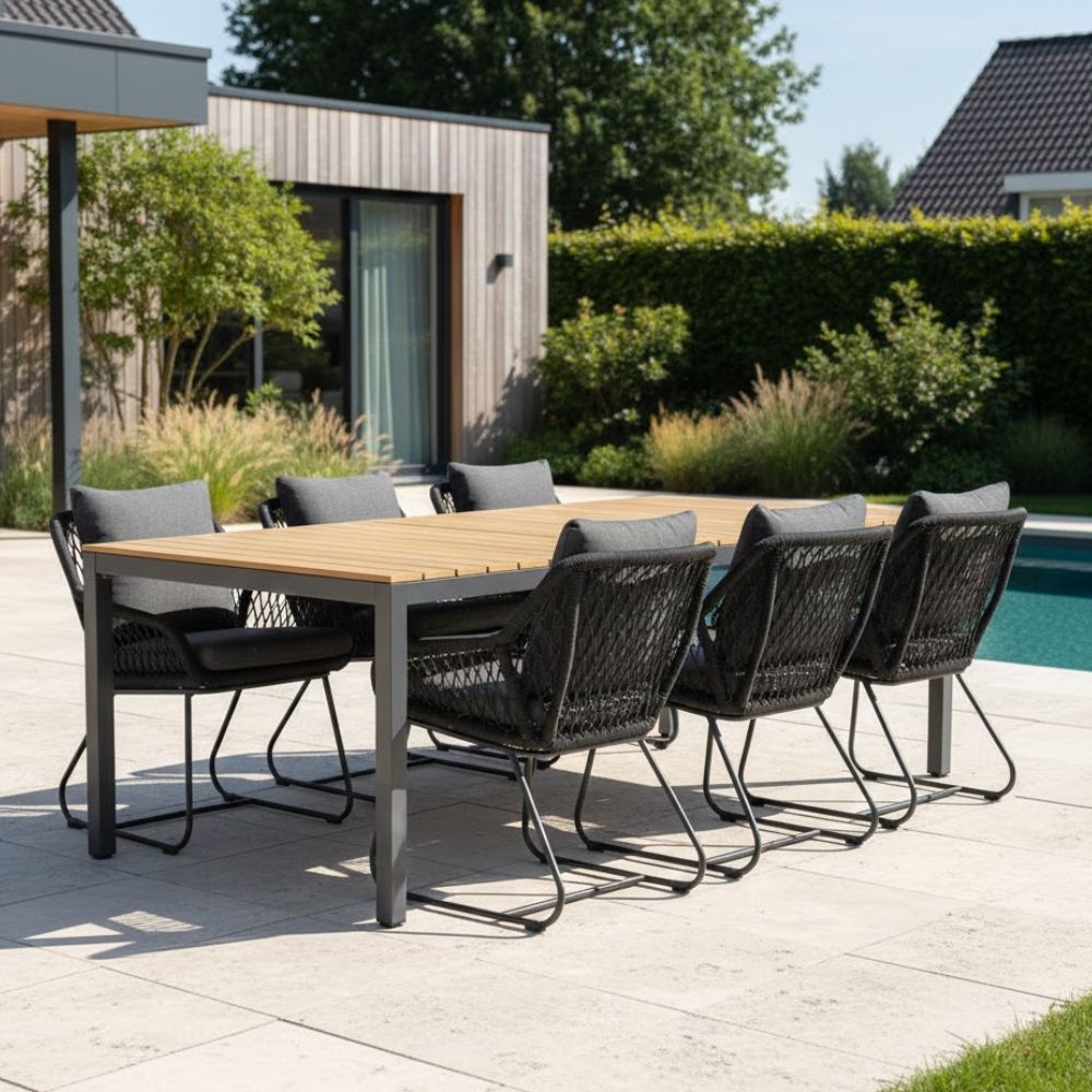 Delta/Portofino zwart dining tuinset | 6 personen | teakhout + touw | 220cm