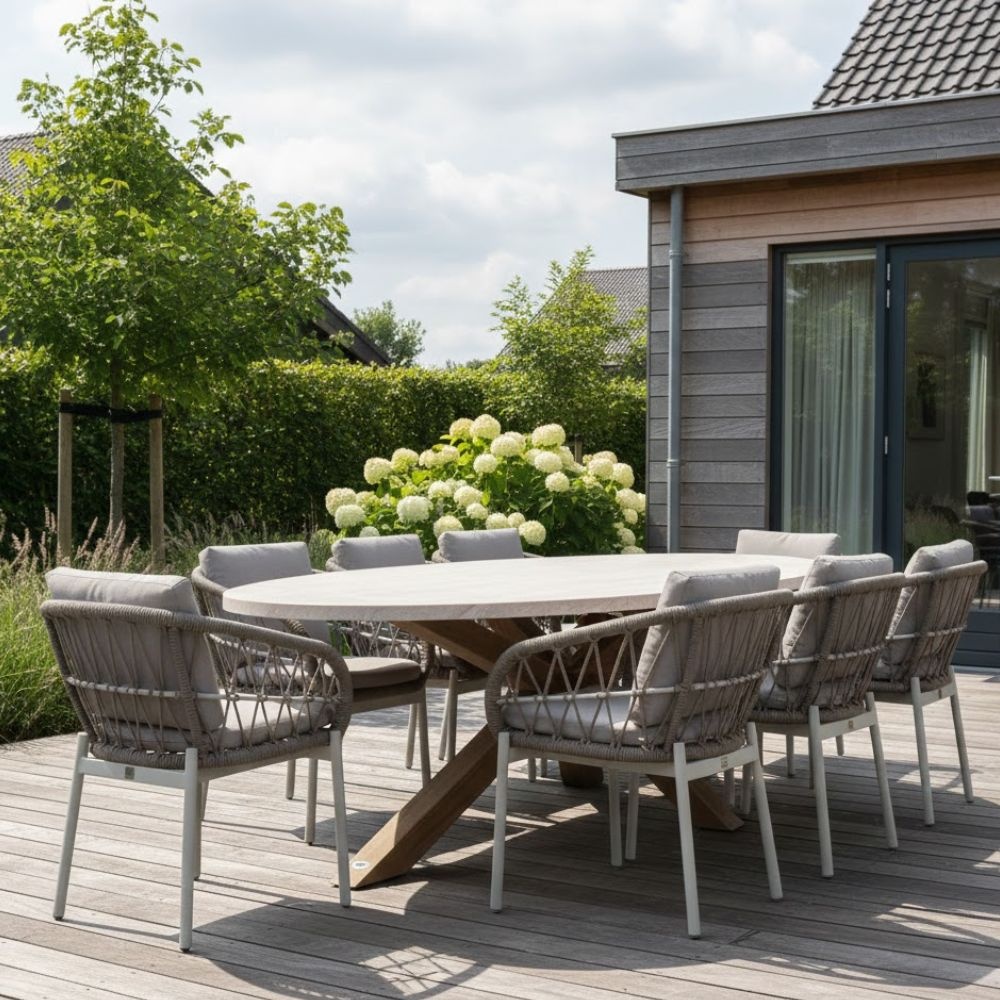 Lorento/Dakota beige/wit dining tuinset | 8 personen | travertin + touw | 280cm