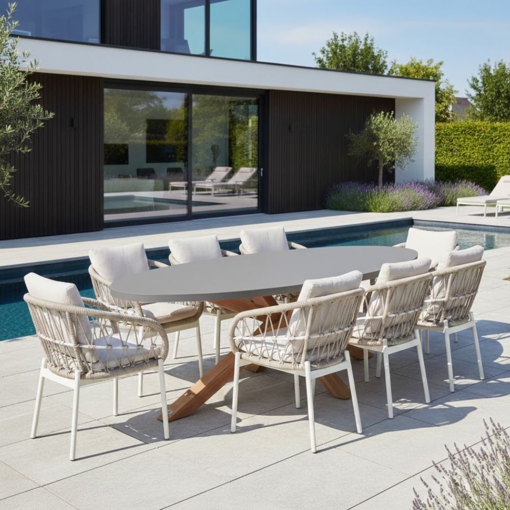 Livorno/Dakota beige/wit dining tuinset | 8 personen | betonlook + touw | 280cm ovaal