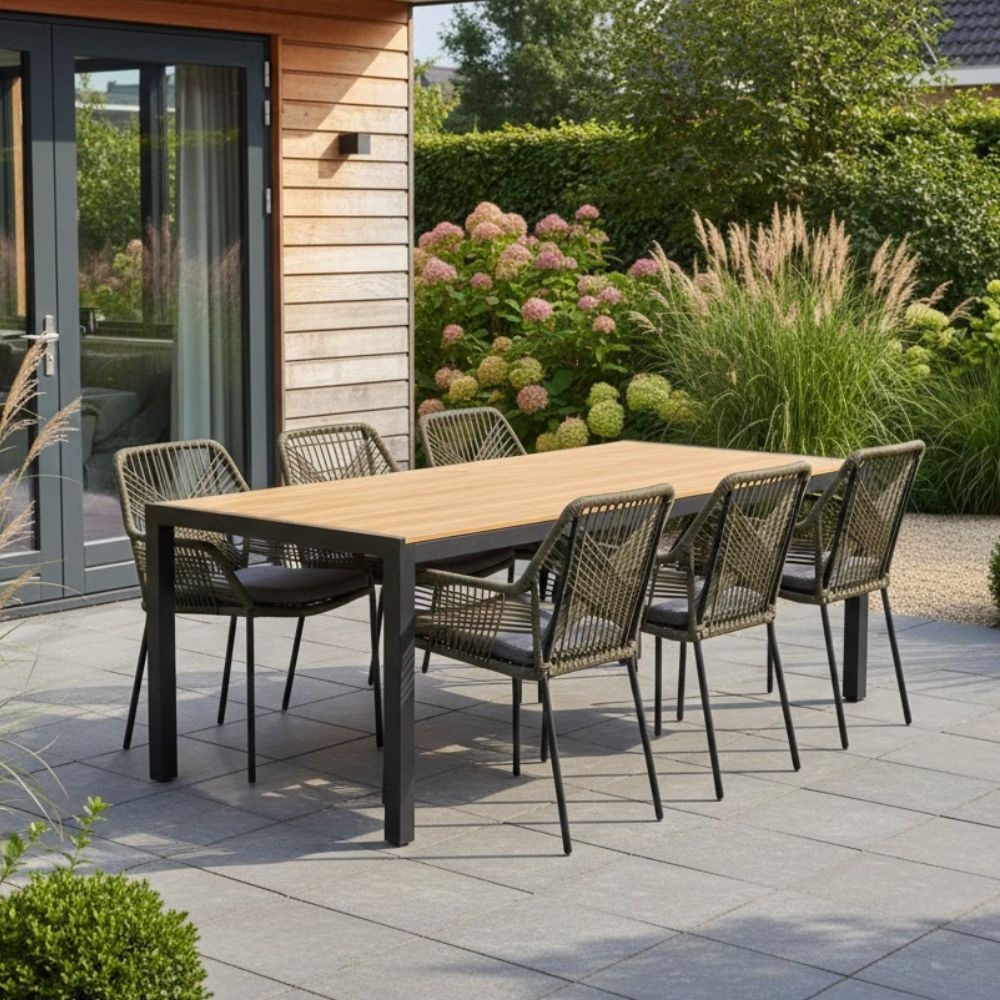 LUX outdoor living Manchester Natural/Seville olijfgroen dining tuinset | 6 personen | polywood + aluminium | 205cm – Antraciet