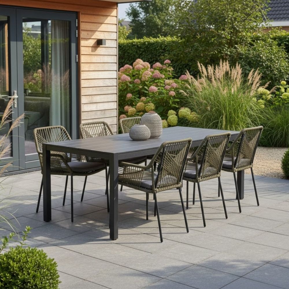 Manchester/Seville olijfgroen dining tuinset | 6 personen | aluminium + touw | 205cm