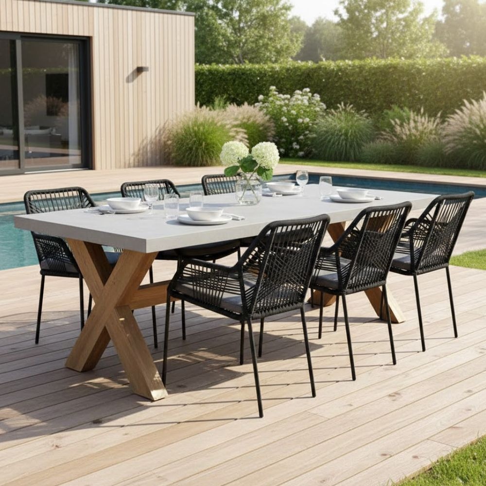 Norwich/Seville zwart dining tuinset | 6 personen | betonlook + touw | 250cm