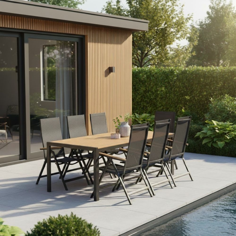 Manchester Natural/Norali antraciet dining tuinset | 6 personen | polywood + textileen | 205cm