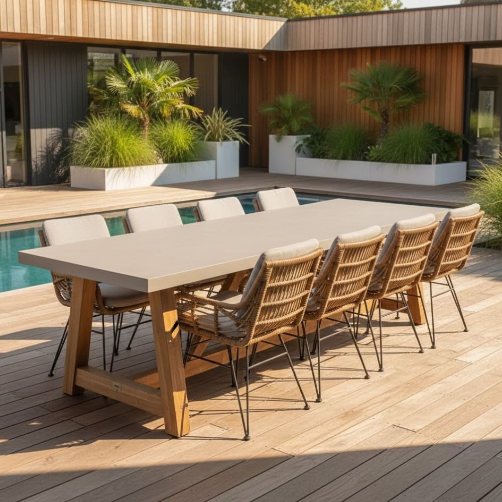 Veltis/Carlos taupe dining tuinset | 8 personen | betonlook + wicker | 300cm