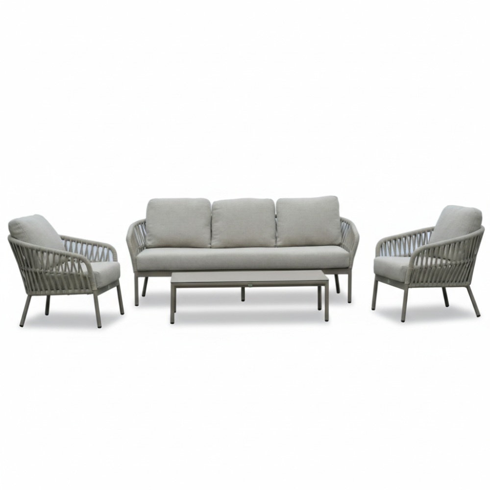 Mykonos stoel-bank loungeset 5 personen incl. tafel | aluminium + touw | beige | 4-delig