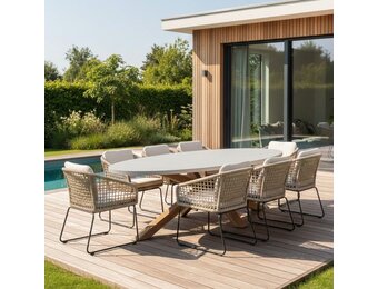 Livorno/Tulum Sahara Dust dining tuinset | 8 personen | betonlook + touw | 280cm ovaal