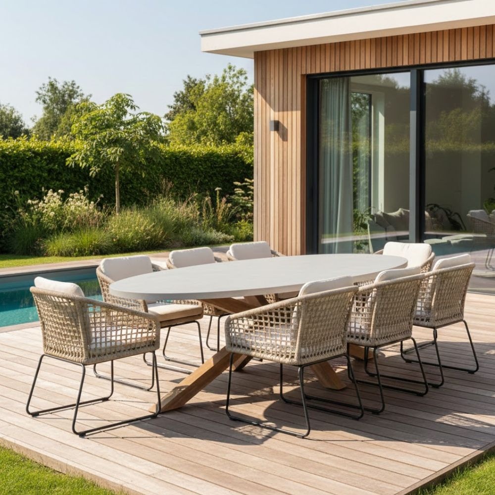 Livorno/Tulum Sahara Dust dining tuinset | 8 personen | betonlook + touw | 280cm ovaal