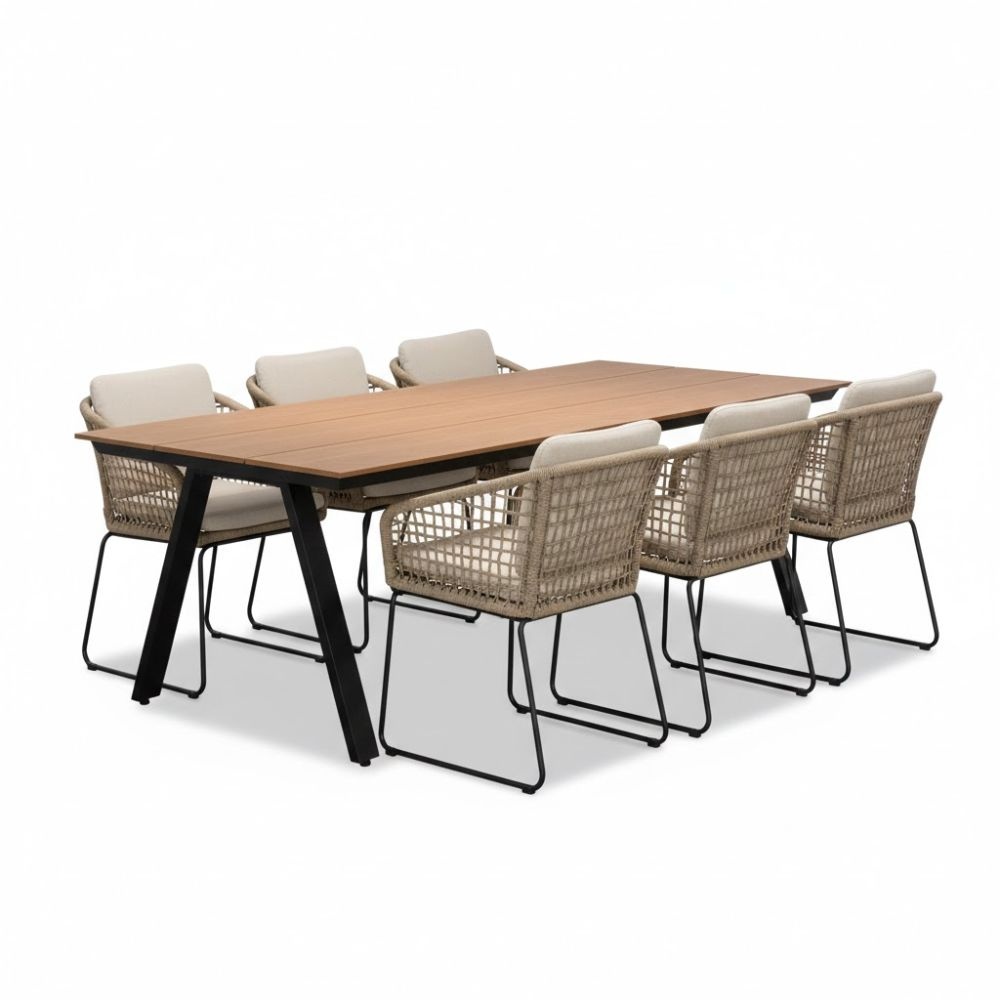 Oslo natural/Tulum Sahara Dust dining tuinset | 6 personen | polywood + touw | 220cm afbeelding