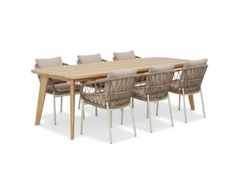 Rixos/Dakota beige/wit dining tuinset | 6 personen | hardhout + touw | 220cm