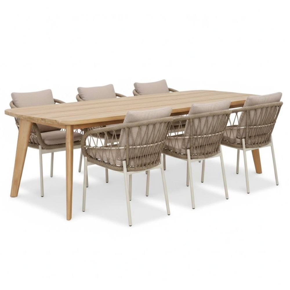 Rixos/Dakota beige/wit dining tuinset | 6 personen | hardhout + touw | 220cm