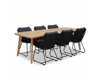 Rixos/Portofino zwart dining tuinset | 6 personen | hardhout + touw | 220cm