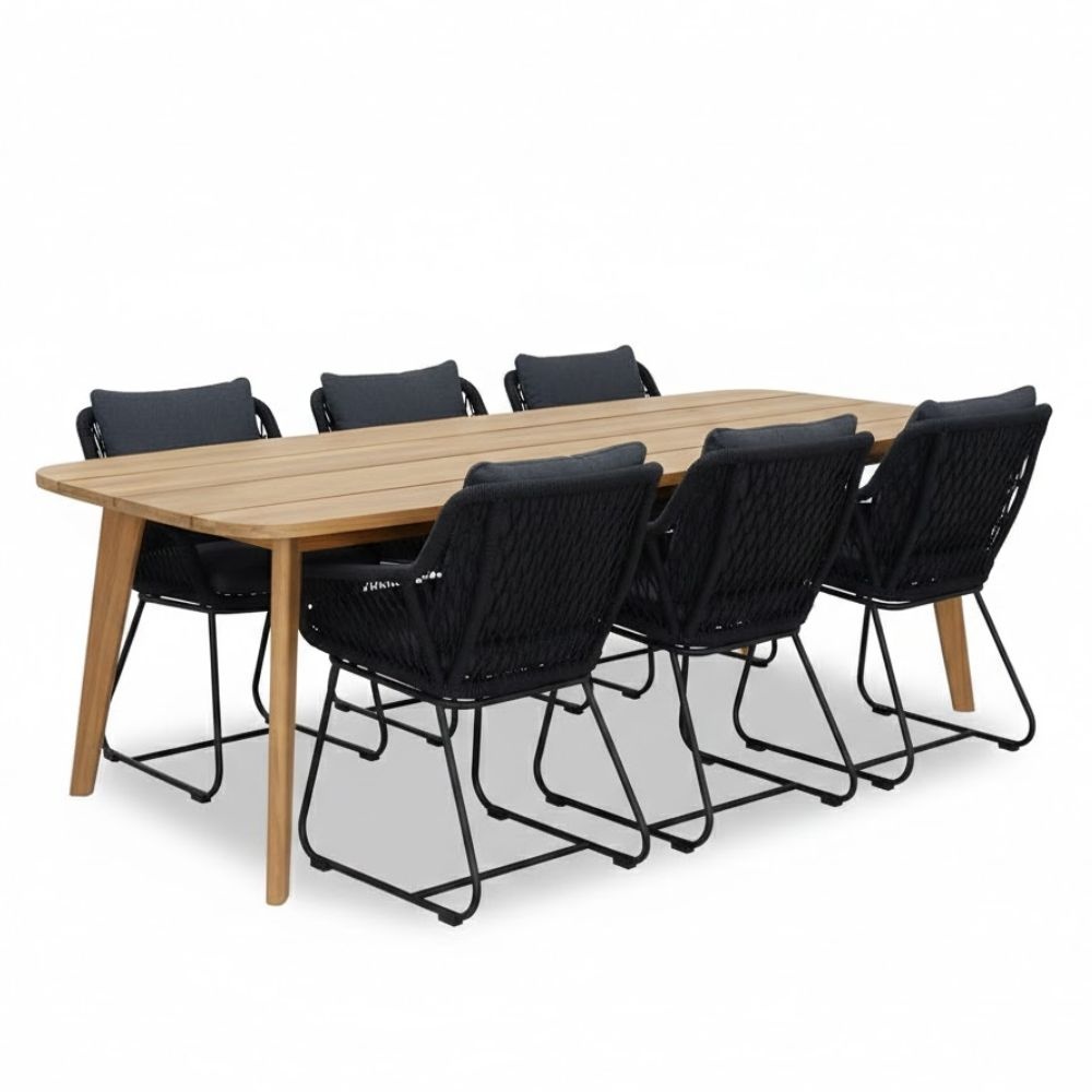 Rixos/Portofino zwart dining tuinset | 6 personen | hardhout + touw | 220cm afbeelding