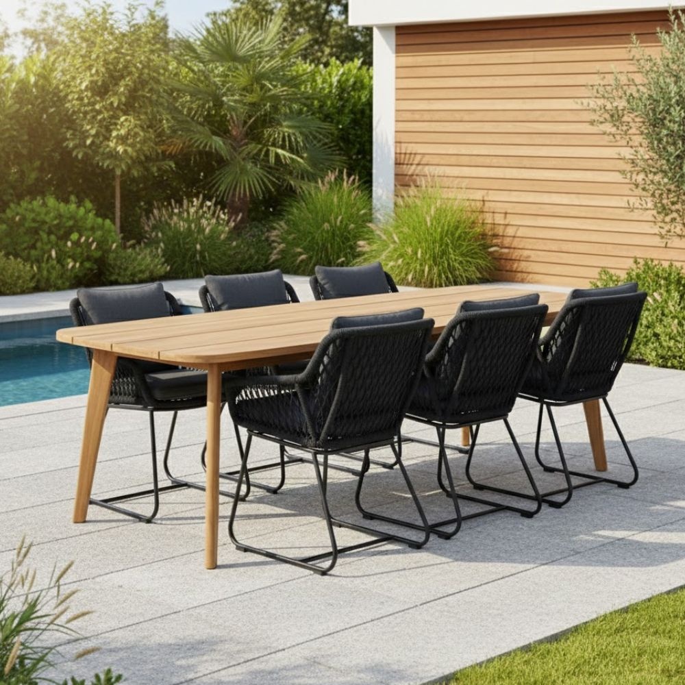 Rixos/Portofino zwart dining tuinset | 6 personen | hardhout + touw | 220cm