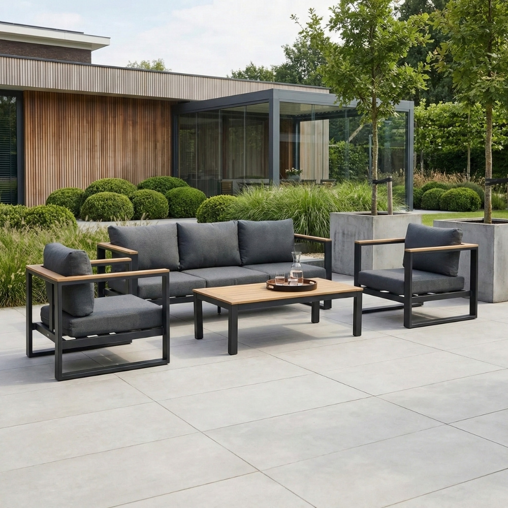 LUX outdoor living Nebraska stoel-bank loungeset 5 personen | aluminium + polywood | antraciet | 4-delig